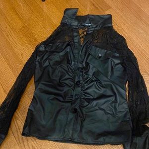 black chic me leather jacket with lace sleeves